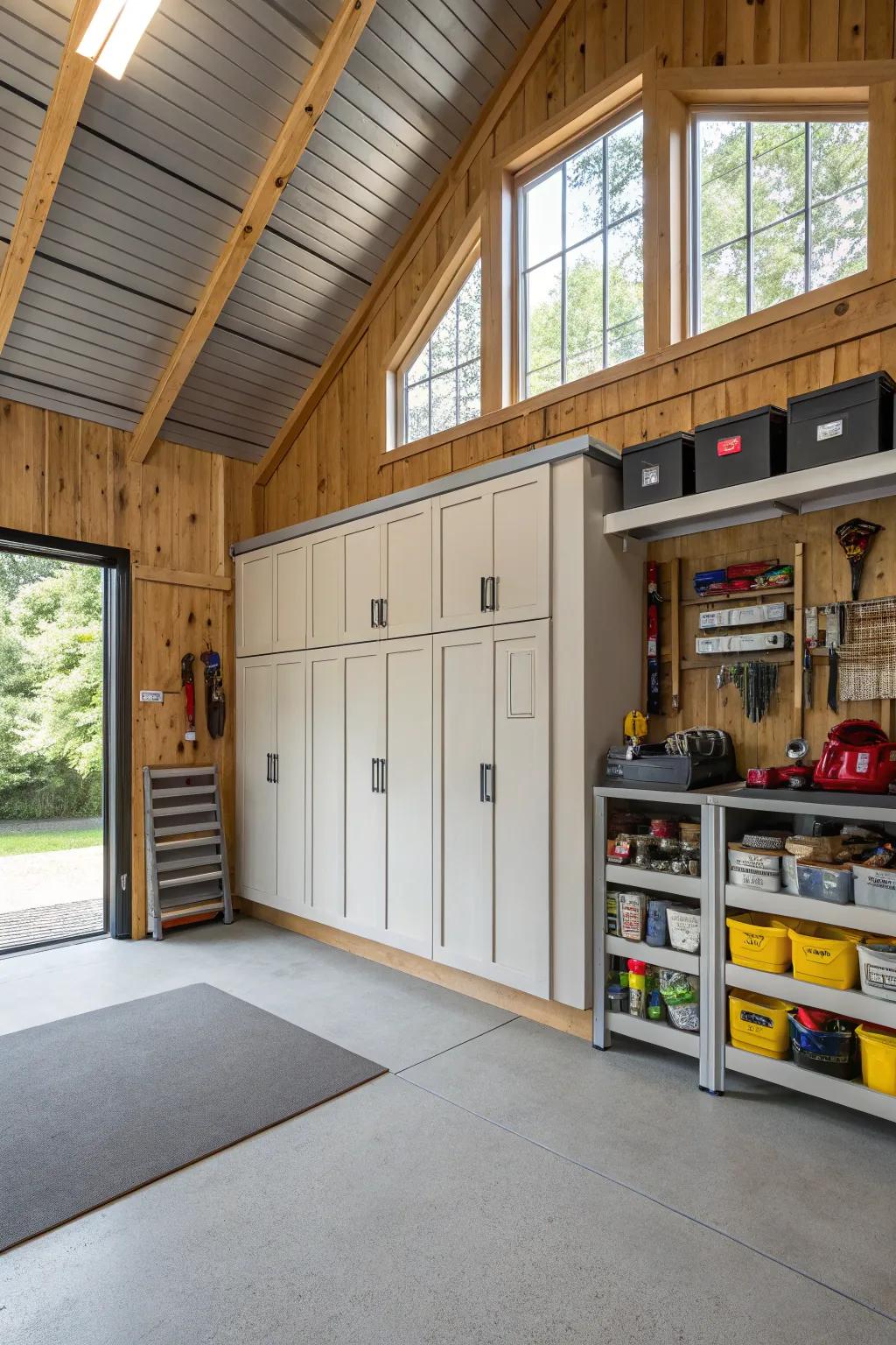 Cabinets and shelves maintain the garage structured and neat.