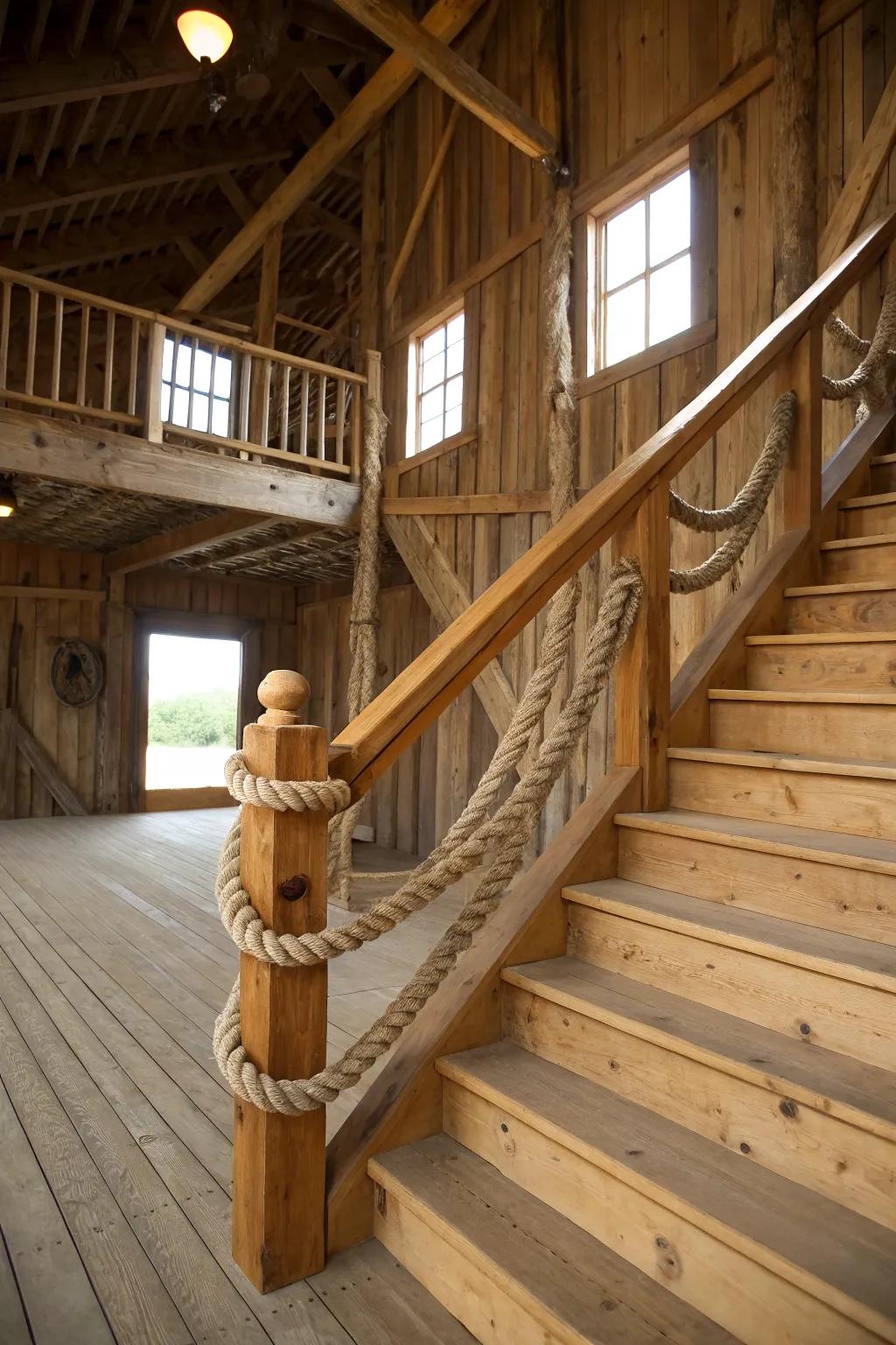 Rope guards introduce a maritime touch to barn stairs.