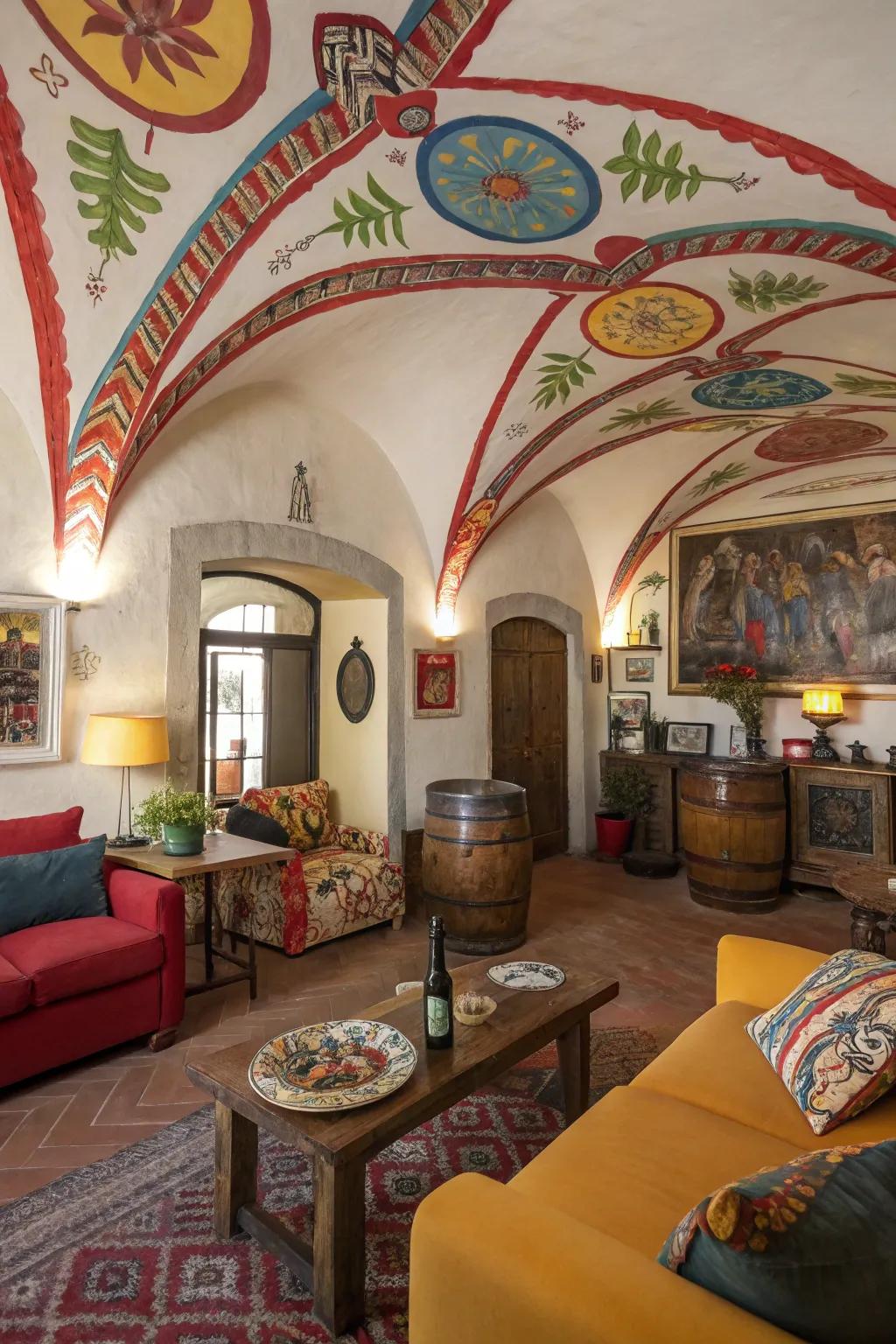 An artistic lounge featuring a vibrant decorated barrel ceiling.