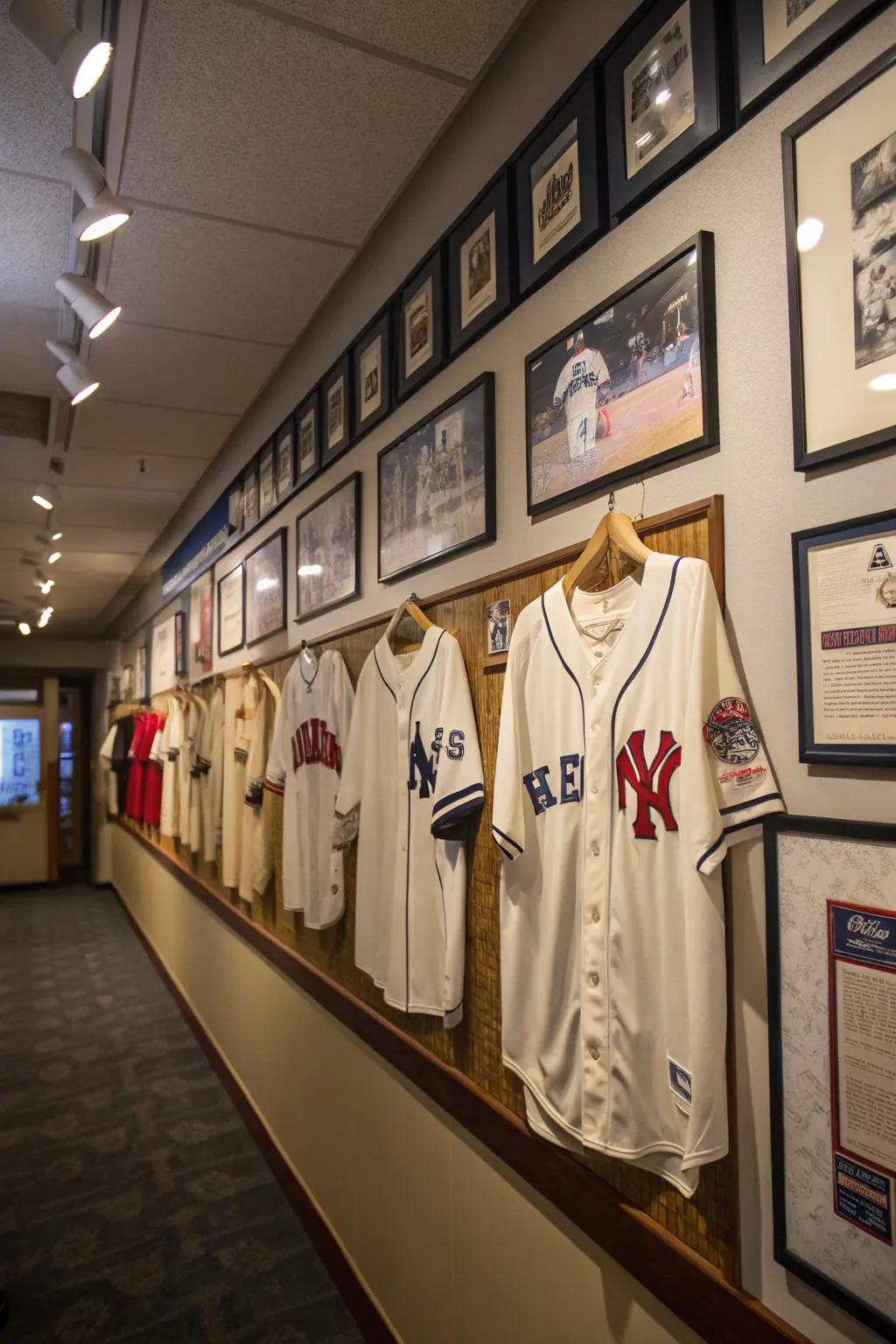 Framed jerseys provide a personal and athletic flair to the interior design.