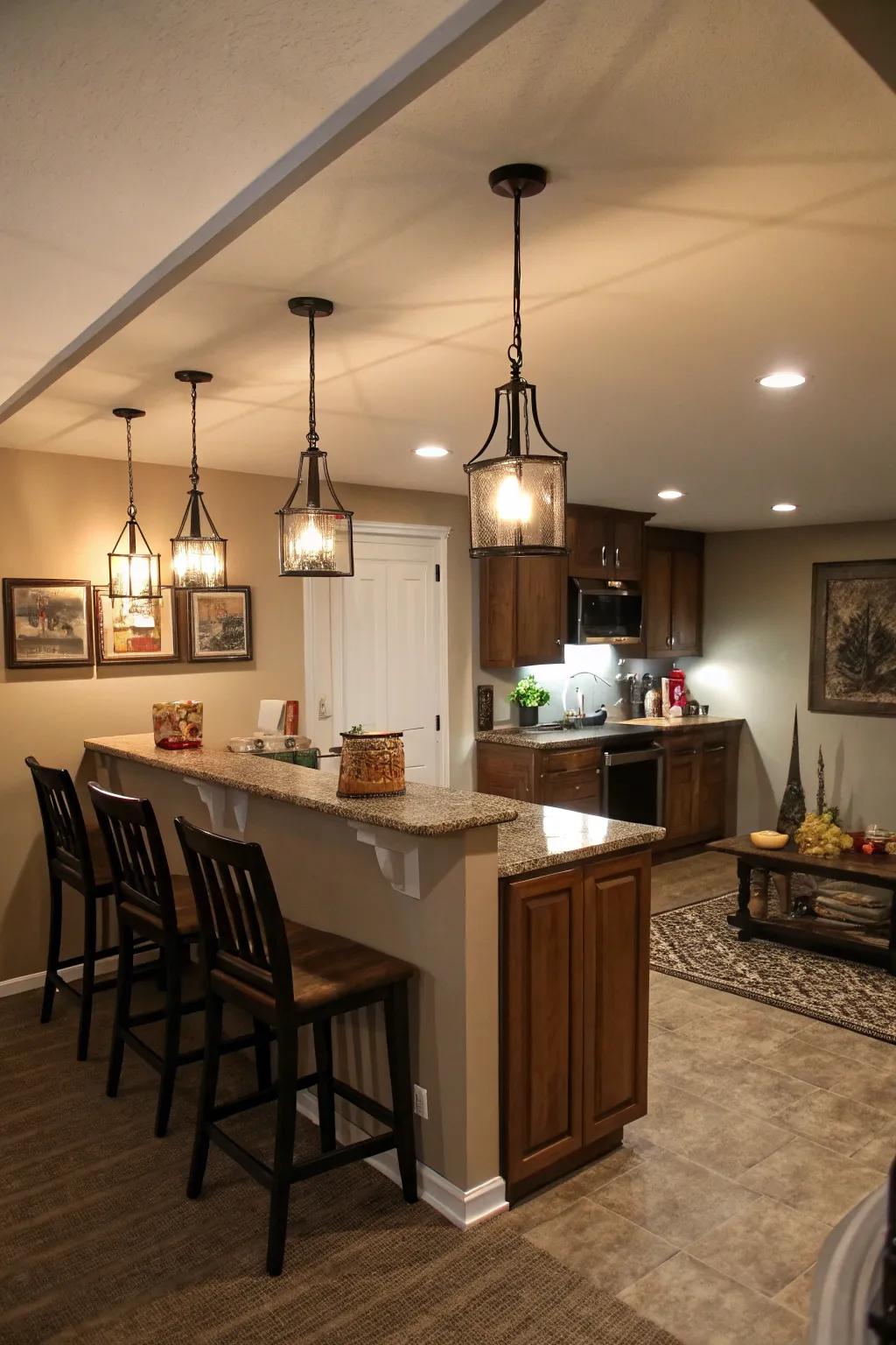 Layered lighting accentuates both aesthetics and utility.