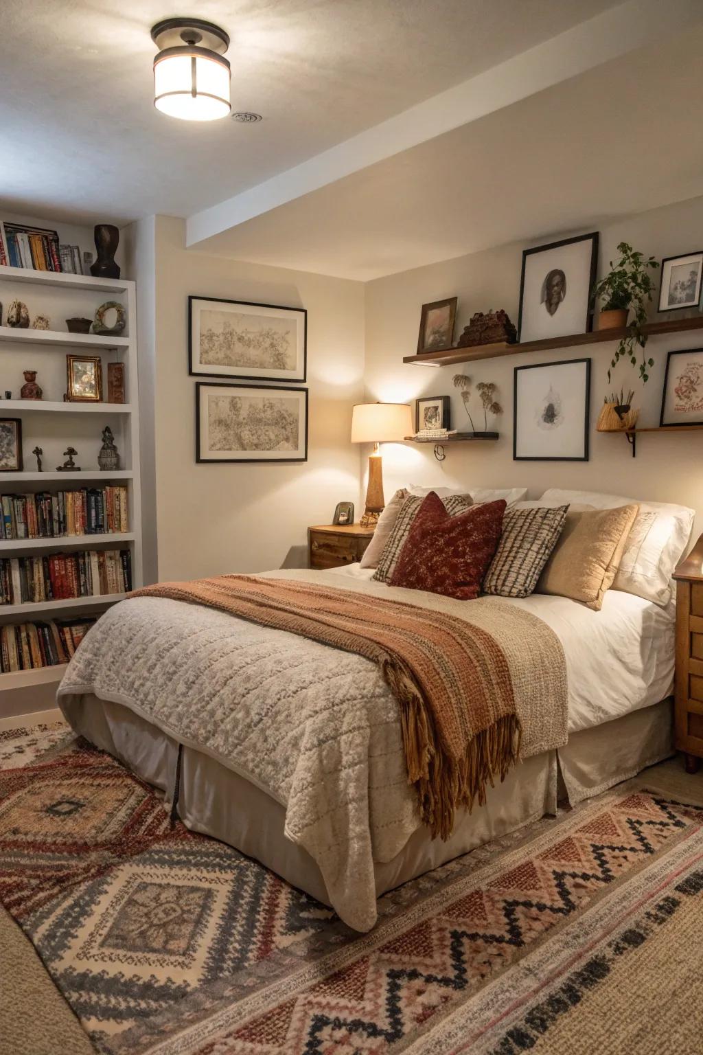 Textiles can transform a standard basement bedroom into a cozy, personal sanctuary.