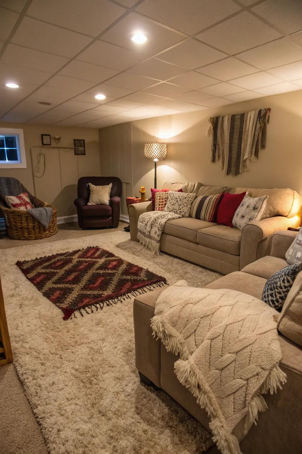 Soft cloths amplify the comfort of this cozy basement.