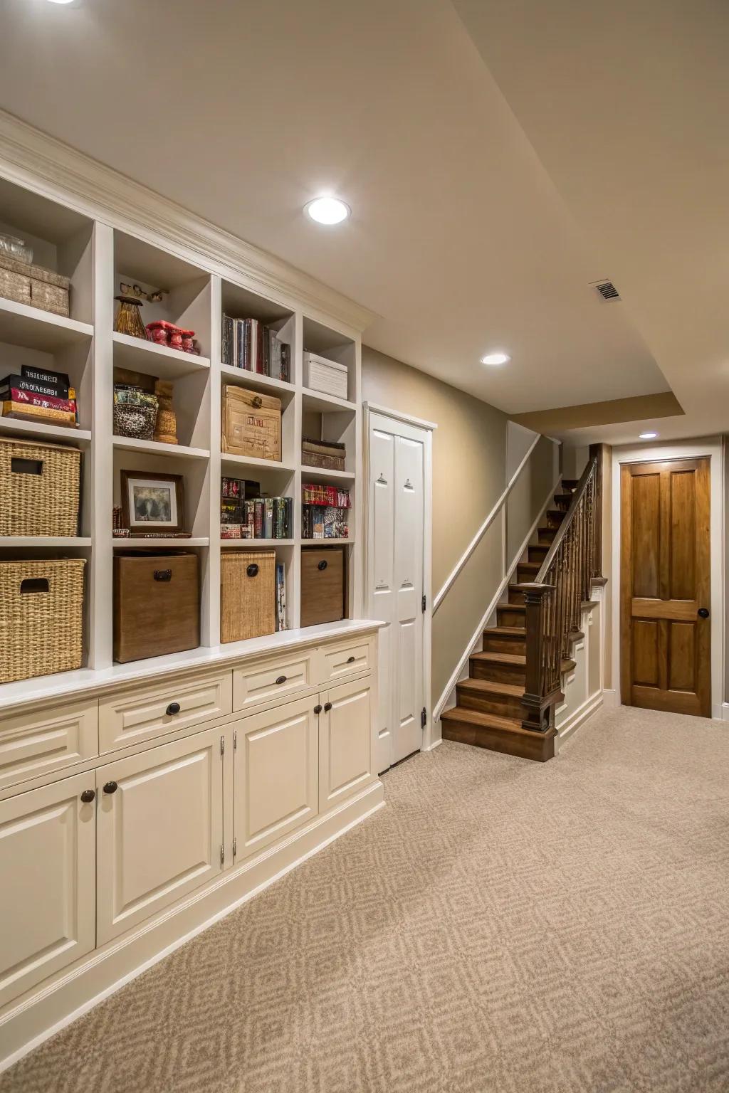 Versatile layouts keep basements neat and organized.