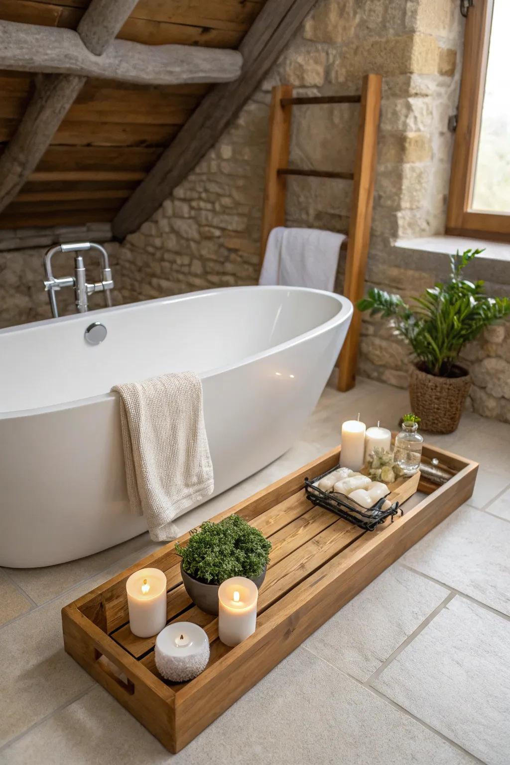 Add warmth and texture with a classic wooden bath tray.