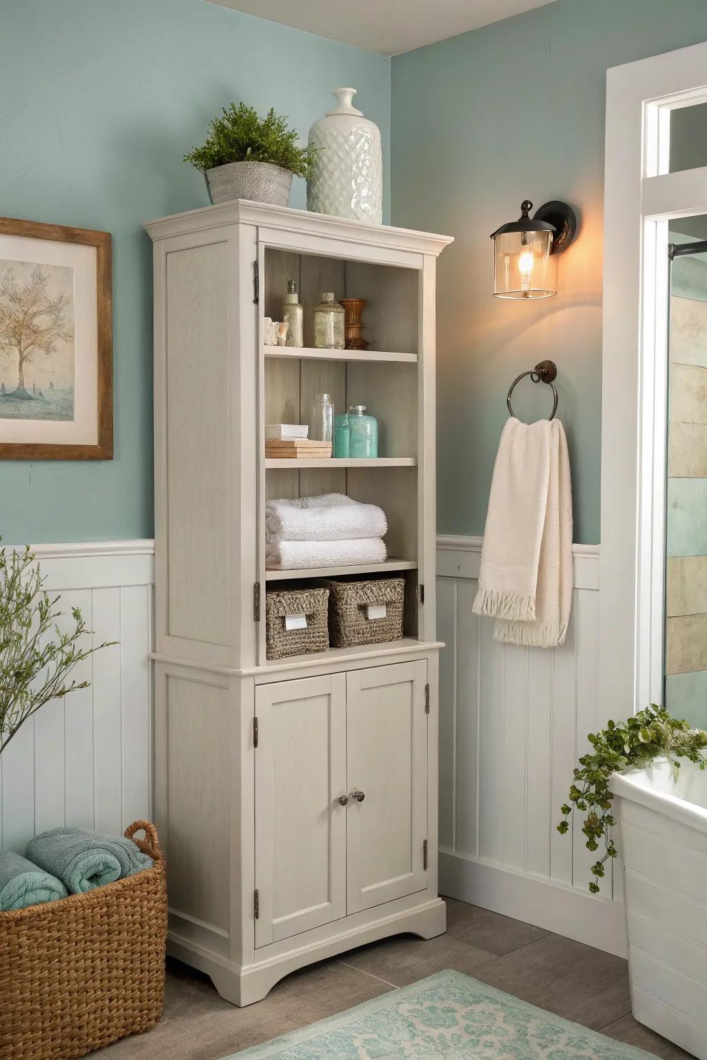 Soft colors foster a peaceful bathroom ambiance.