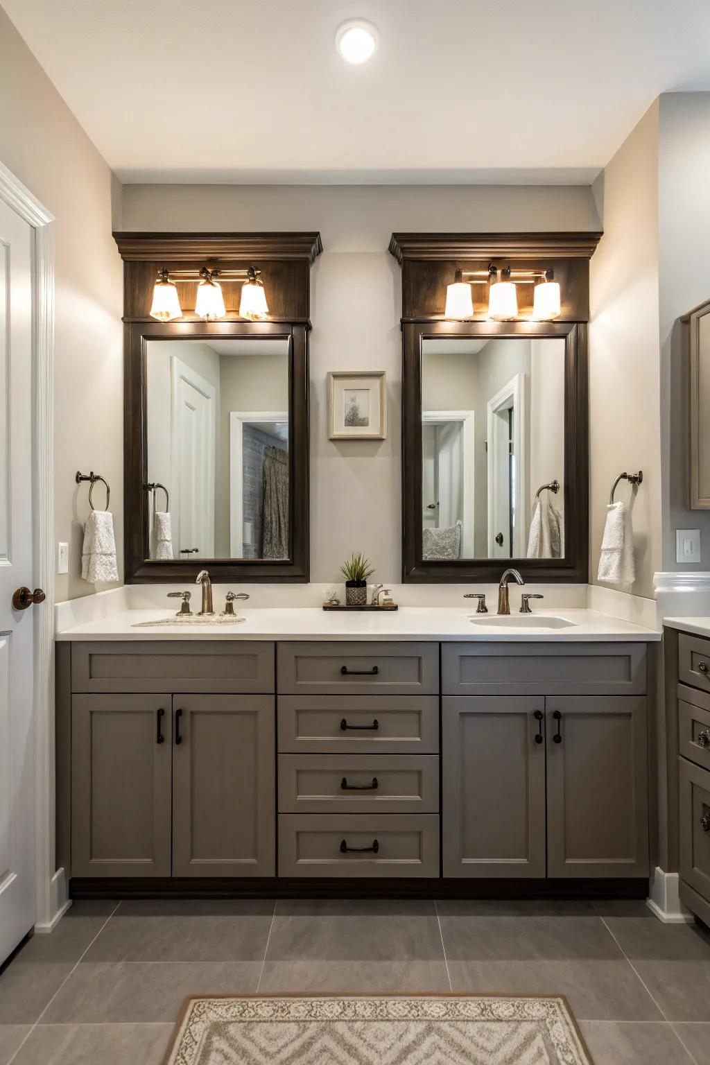 Symmetrical storage units craft a harmonious and balanced visual.