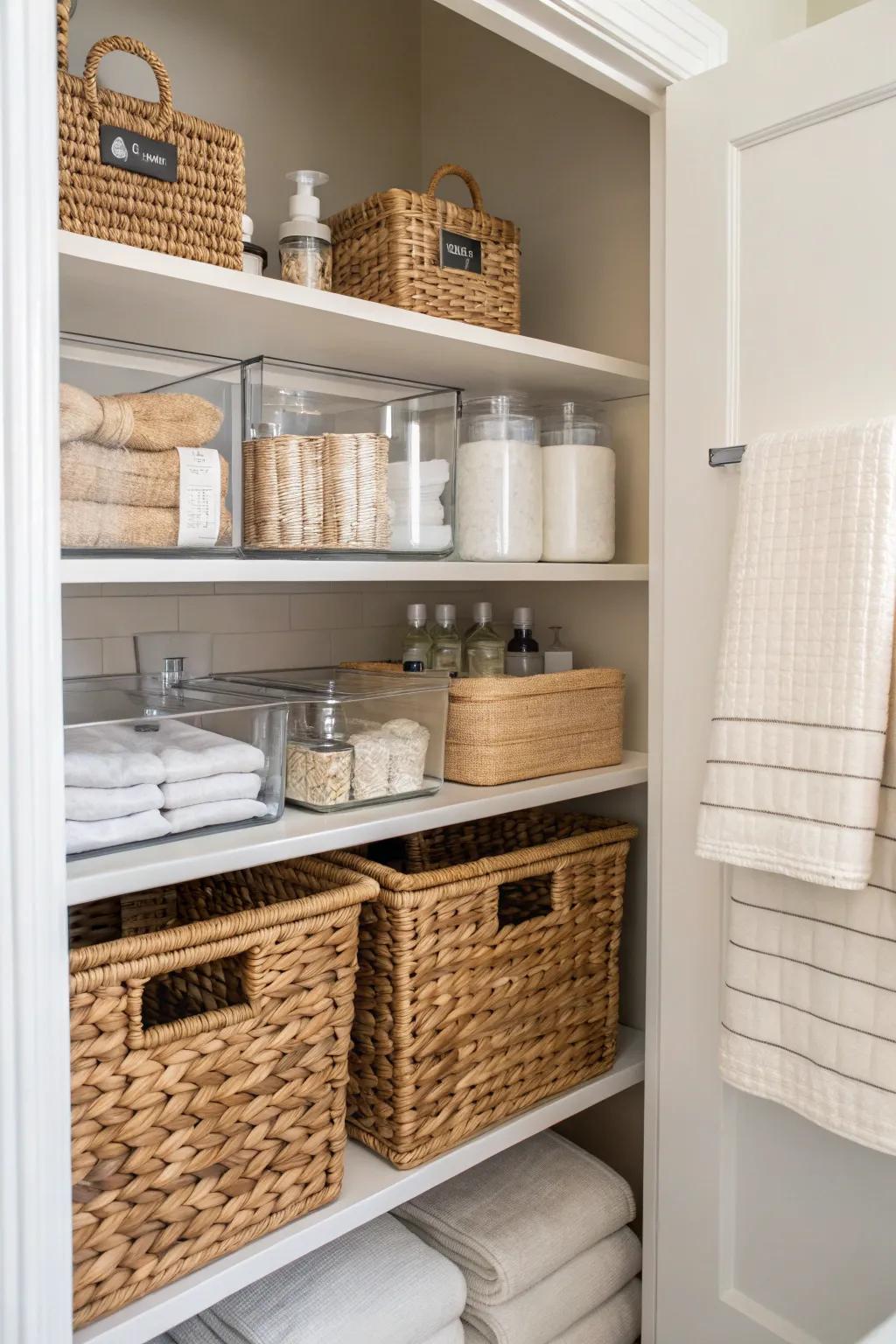 A mix of transparent containers and woven baskets for a stylish organizational scheme.
