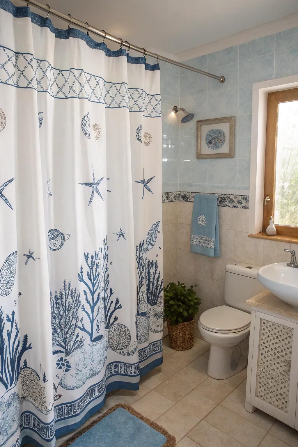 A hint of the seaside is brought into your restroom by coverings with a coastal theme.