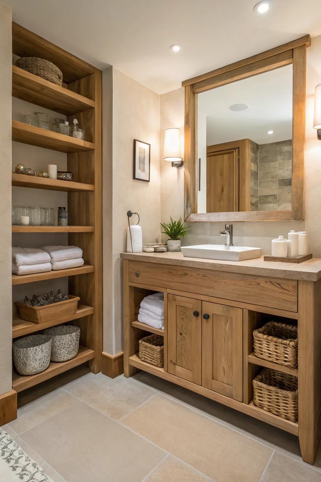A bathroom where lumber highlights contribute coziness and an organic touch to the decor.