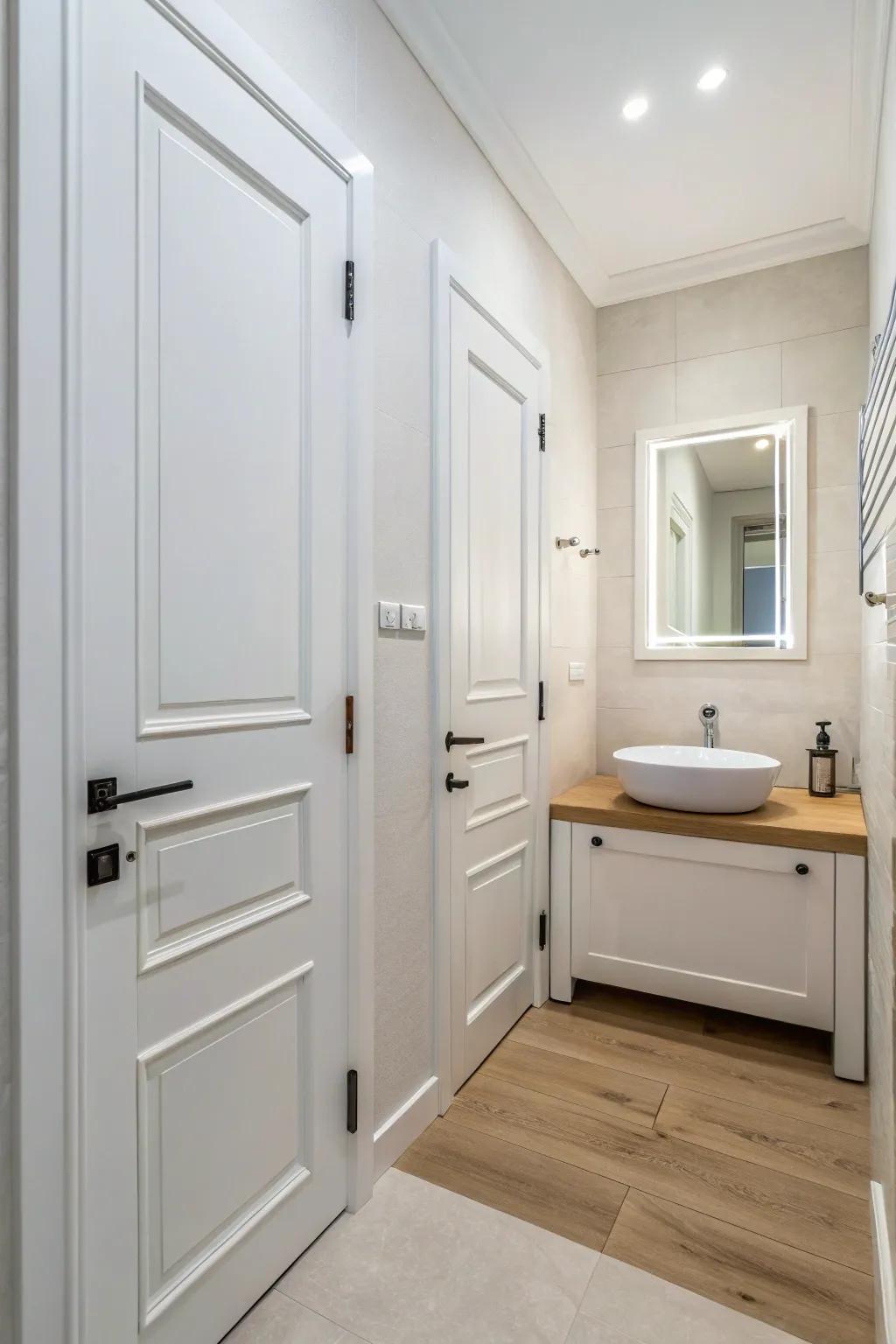 White doors contribute to a clean and airy bathroom atmosphere.
