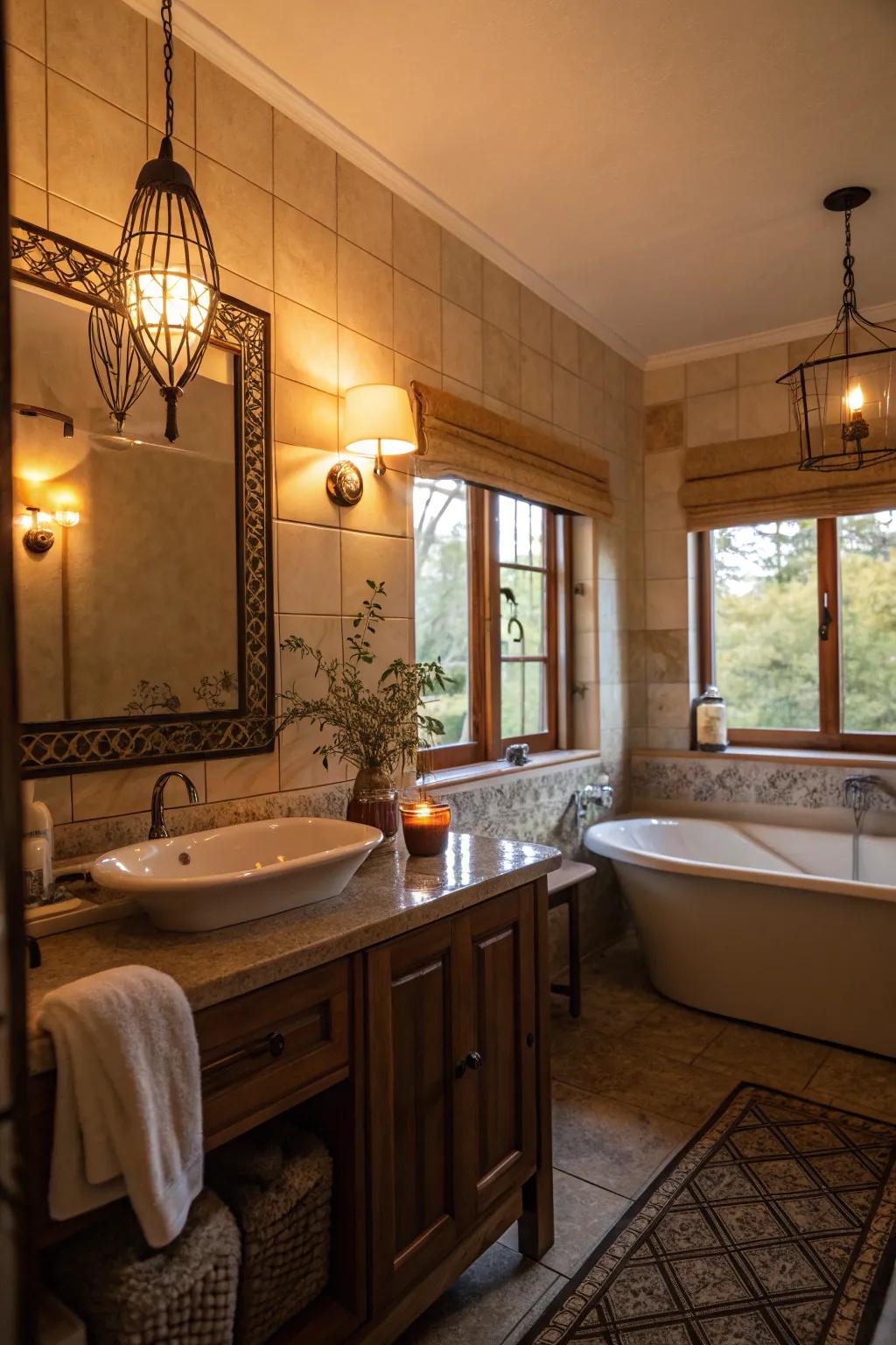 A bathroom showcasing subtle lighting that radiates warmth and relaxation.