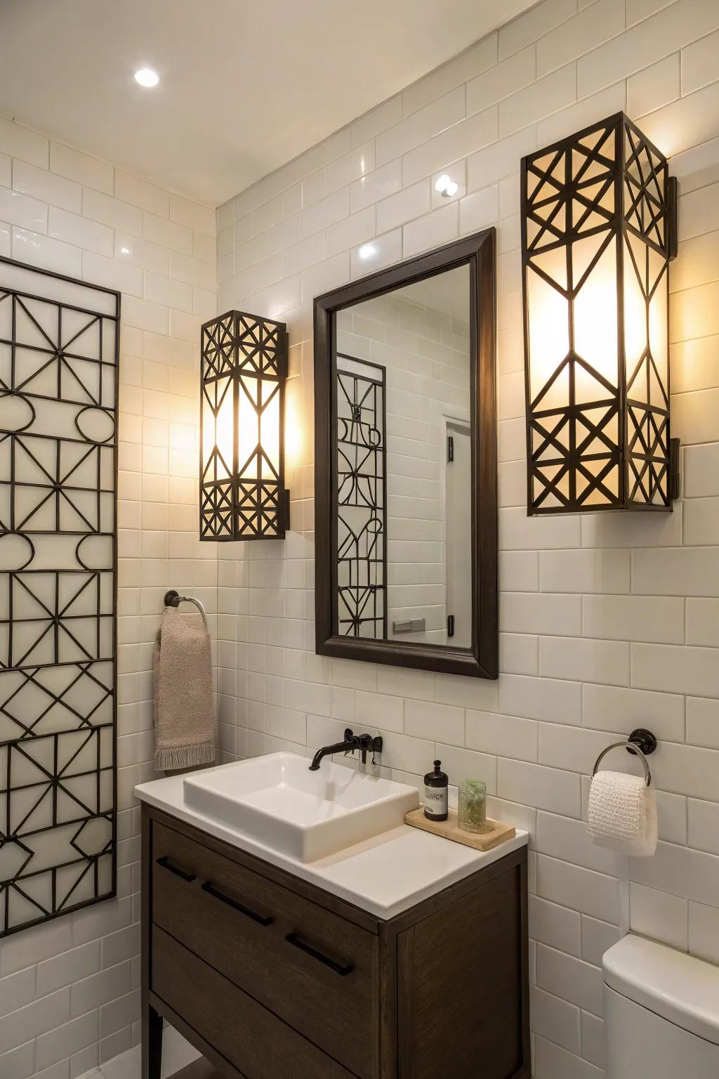 Geometric wall lights contribute an artistic flair to your lavatory.