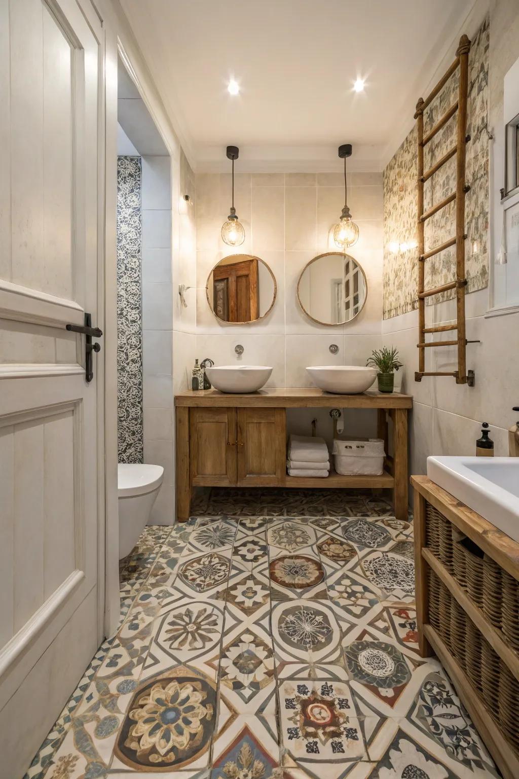 Patterned slabs inject an audacious declaration to your bathroom floor.