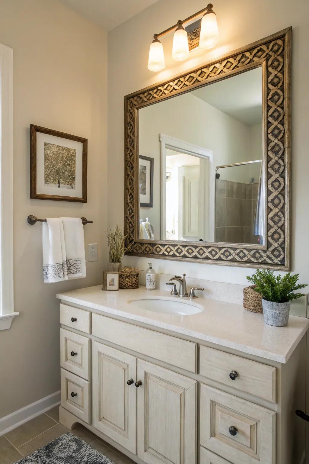 Framed mirrors and vanities add cohesion and refinement.