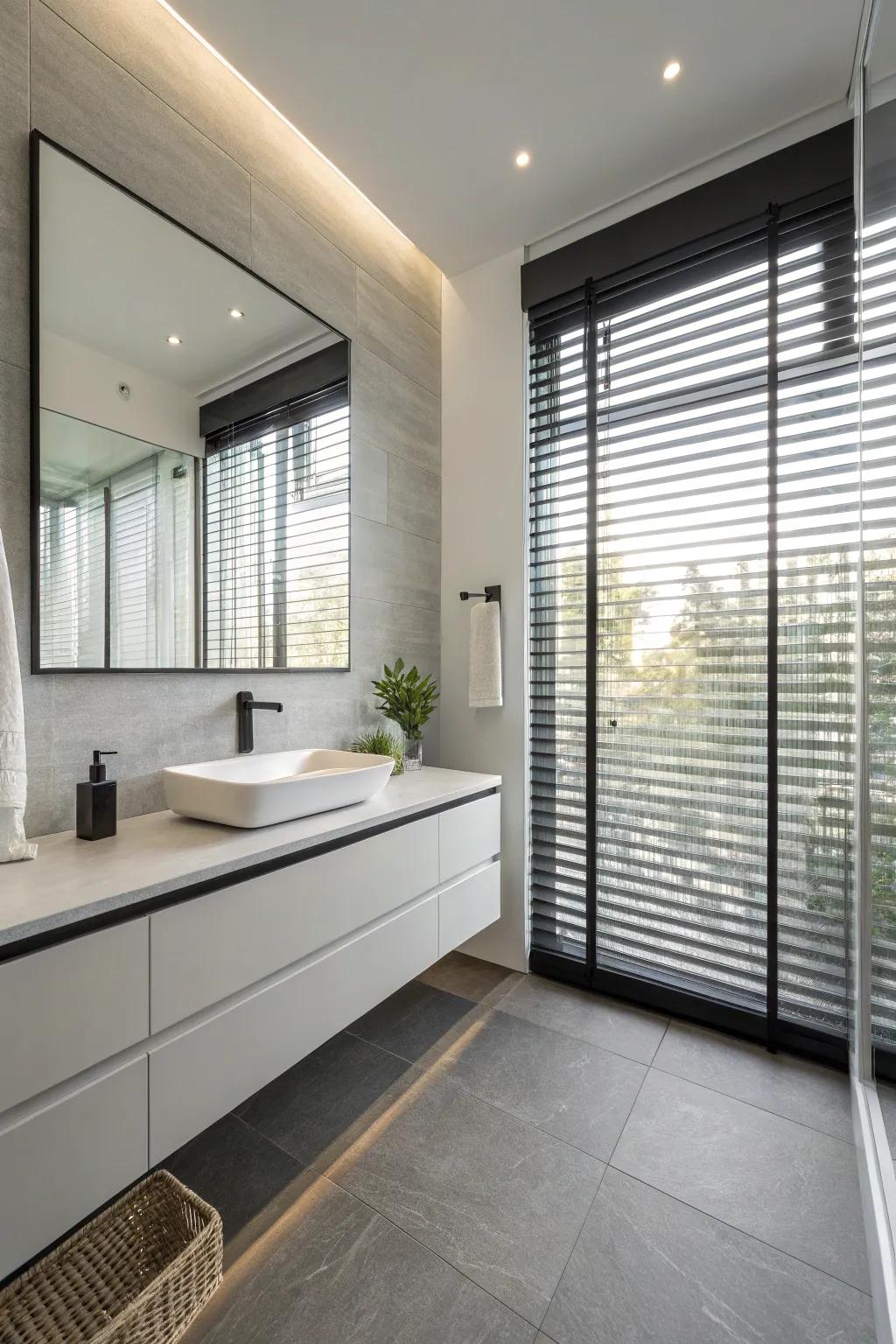 Sleek simplicity: Modern shades enhance contemporary bathroom designs.