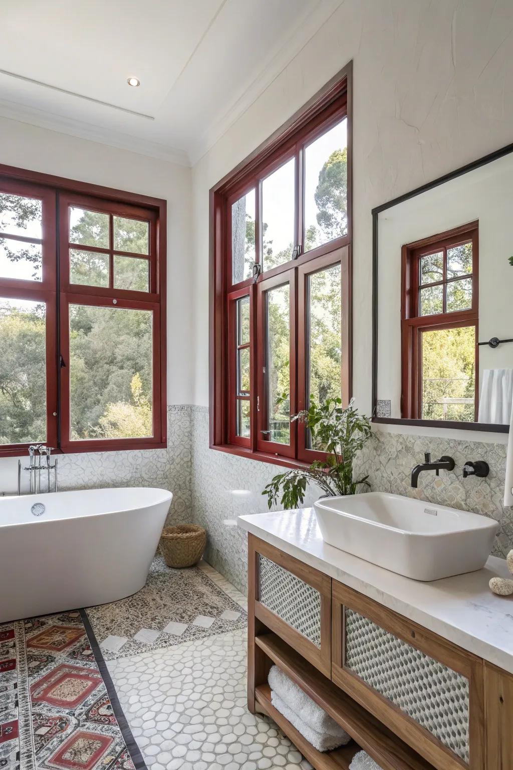 Sophisticated window enclosures contributing aesthetics to the restroom.
