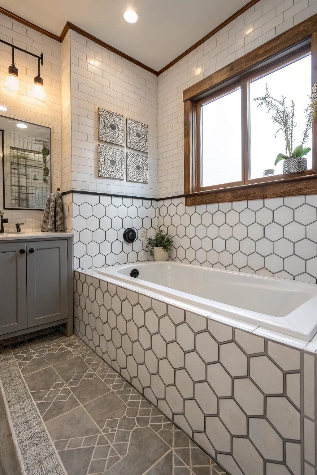 Hexagonal tiling adds a chic element to this bathtub space.