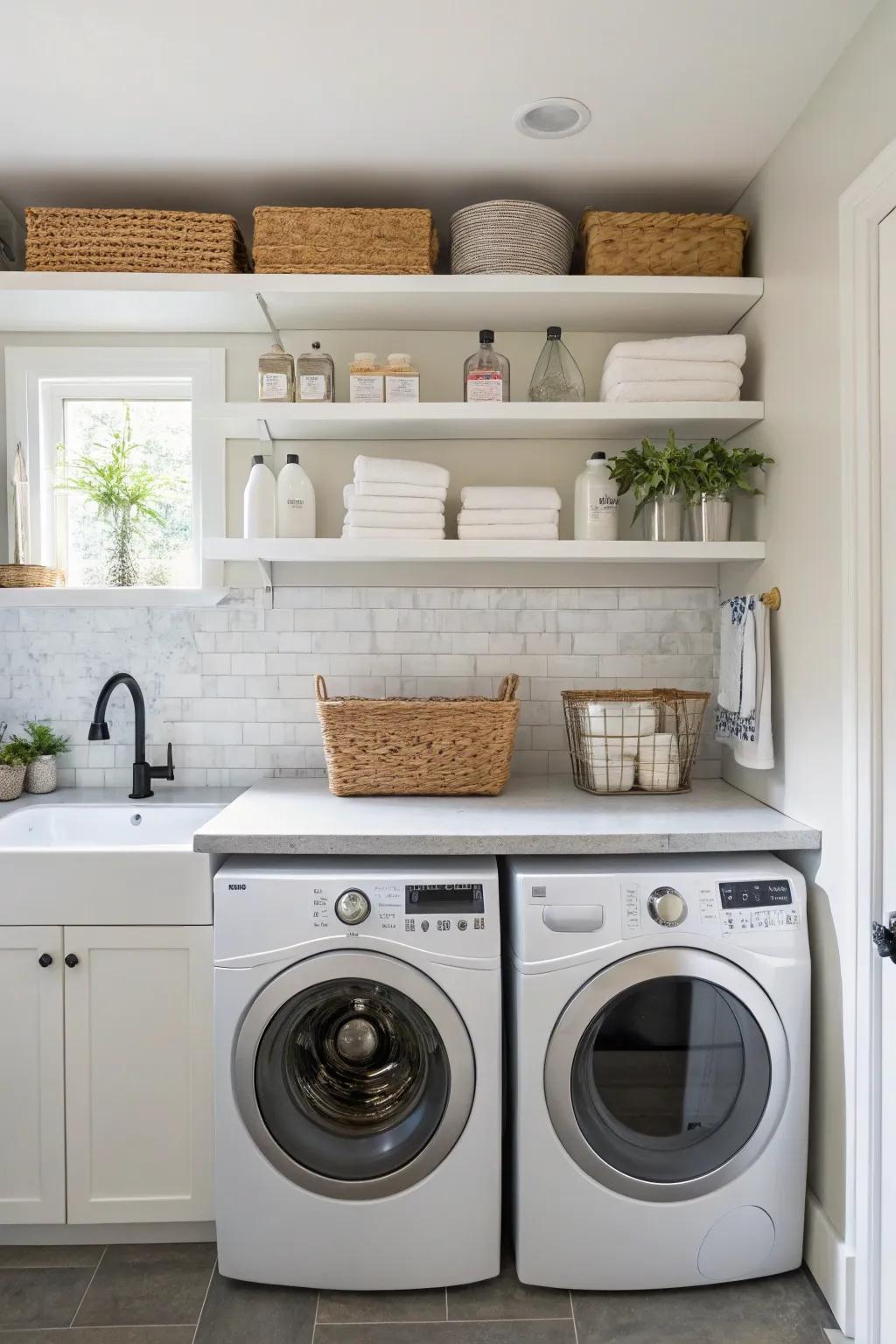 Floating shelves offering handy storage above the laundry equipment.