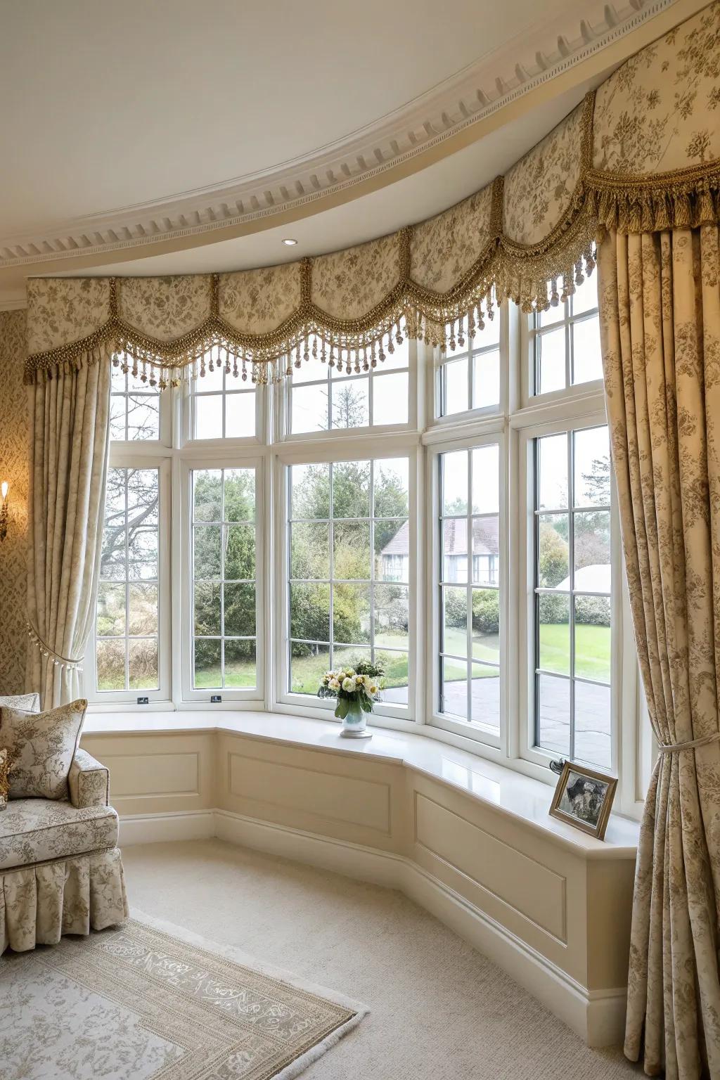 Pelmets and cornices apply a refined nuance to bay windows.