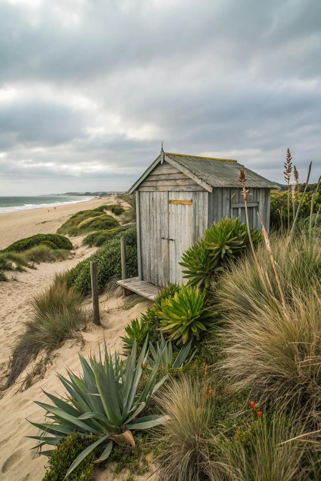 Coastal flora crafts a natural border encompassing the beach shed.