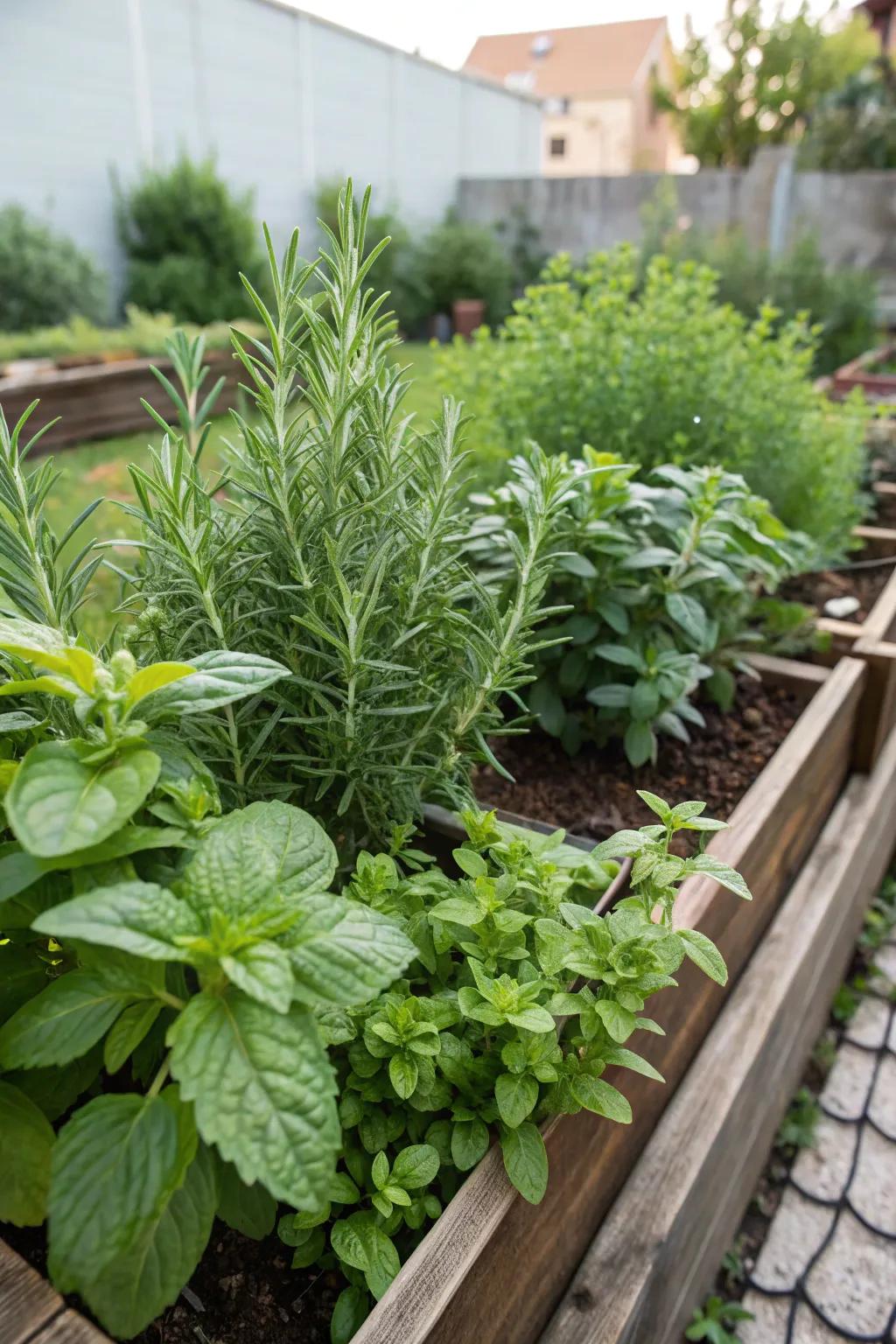 A fragrant herb garden bursts with basil, rosemary, and mint, inviting sensory exploration.