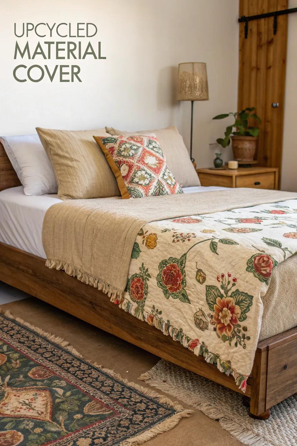 Repurposed finds create a unique and environmentally conscious bed cover.