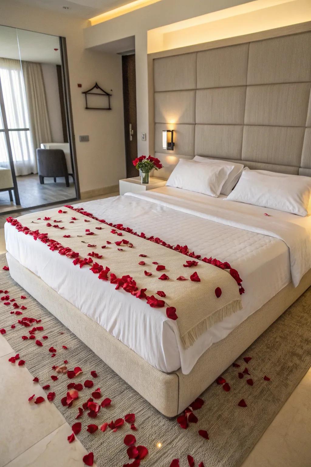 A creative border of rose petals adding a splash of color to a minimalist bedroom.