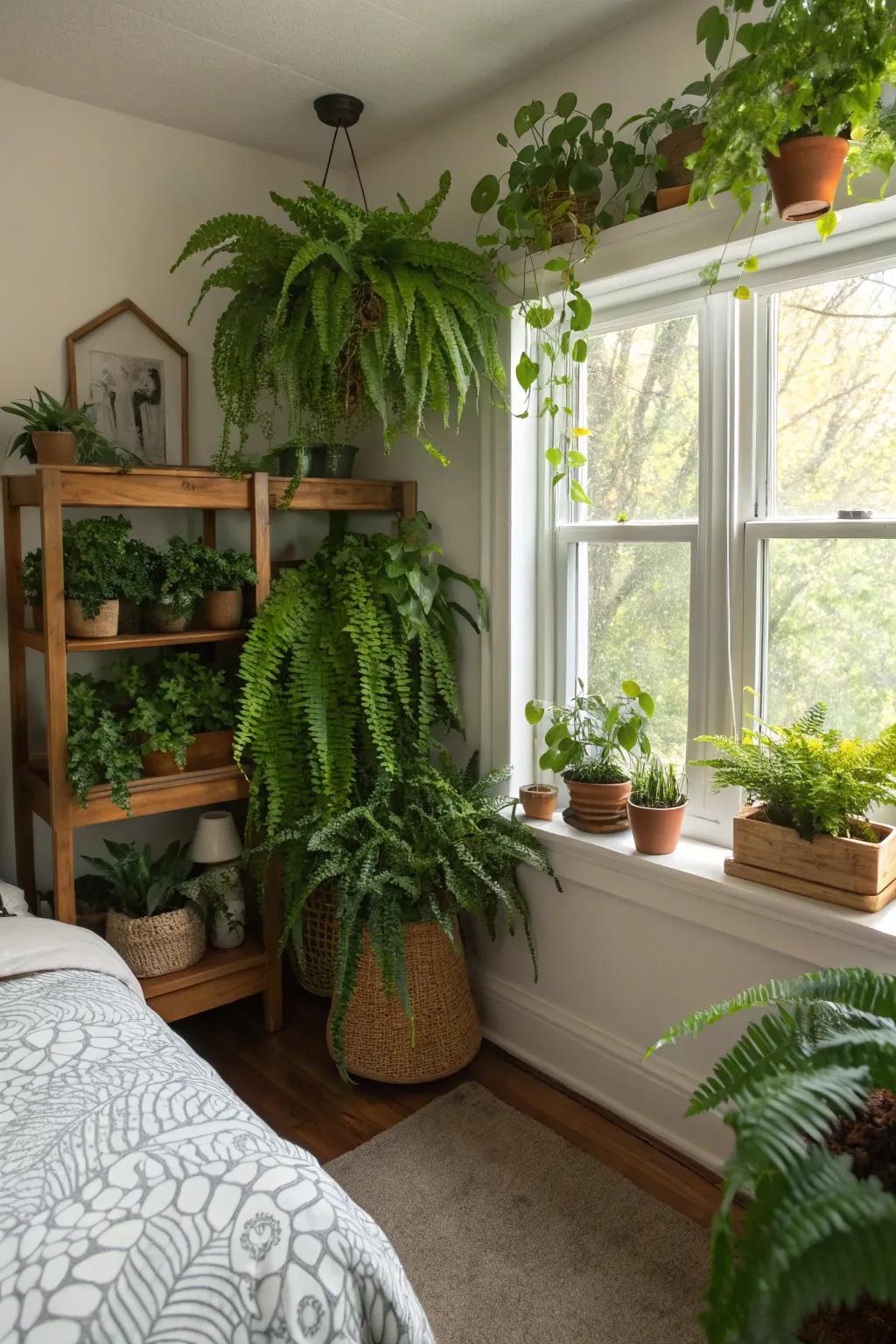 Indoor plants inject a natural element into the bedroom.