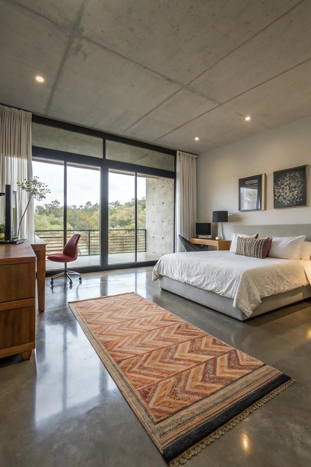 Concrete flooring delivers a cutting-edge, industrial ambiance.