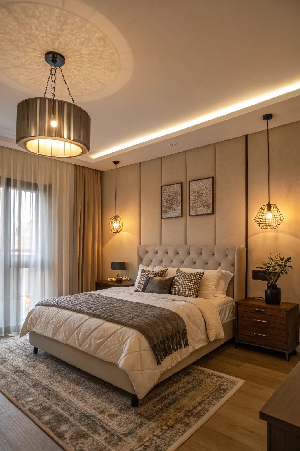 Contemporary lighting merges utility with elegance in this bedroom.