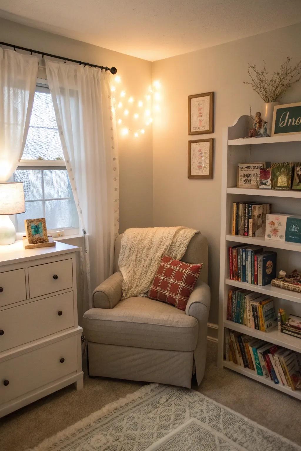 A cozy reading nook nestled in a bedroom corner.