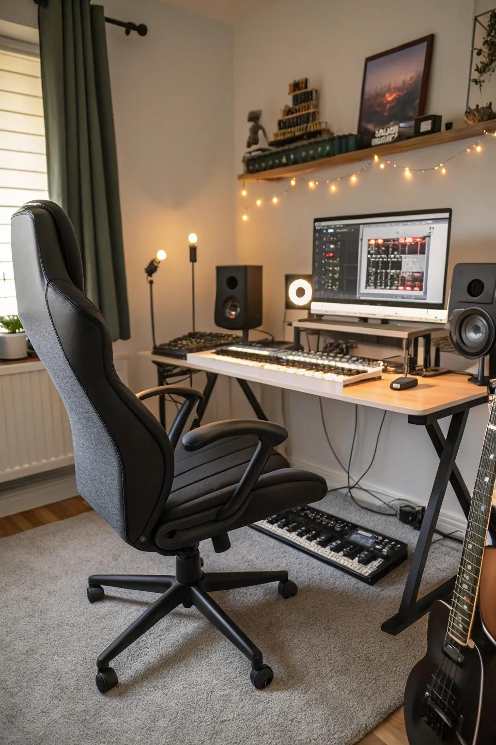 Ergonomic seating is crucial for ensuring comfort during prolonged music production sessions.