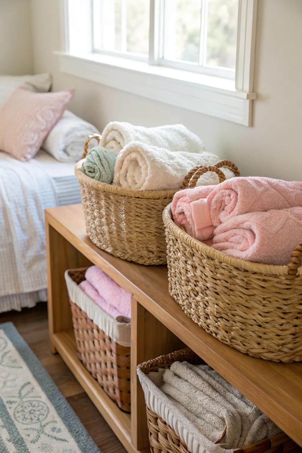 Improve your bedroom's design with elegant storage baskets.