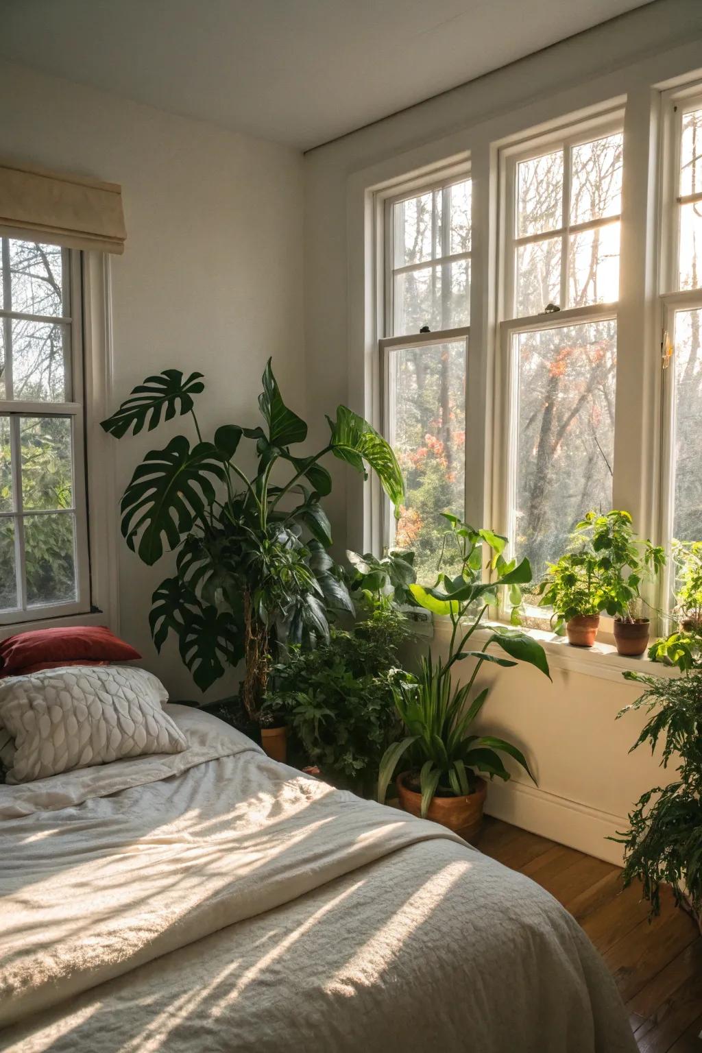 A bedroom brimming with natural components and foliage.