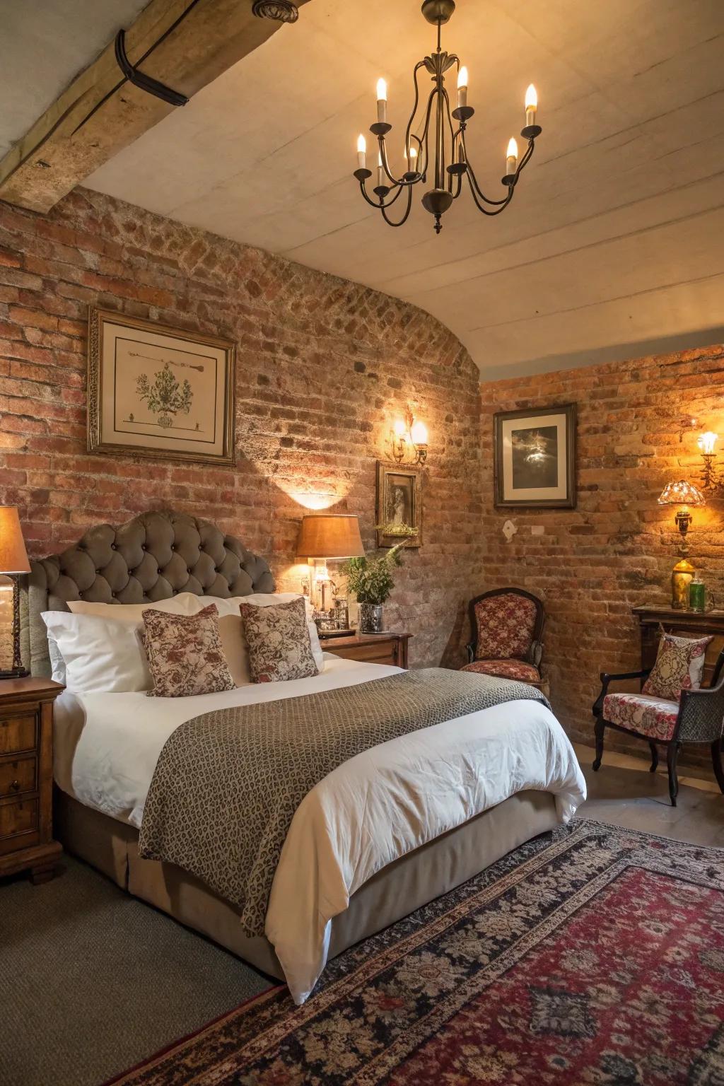 Brick cladding enriches any bedroom with rustic allure and texture.