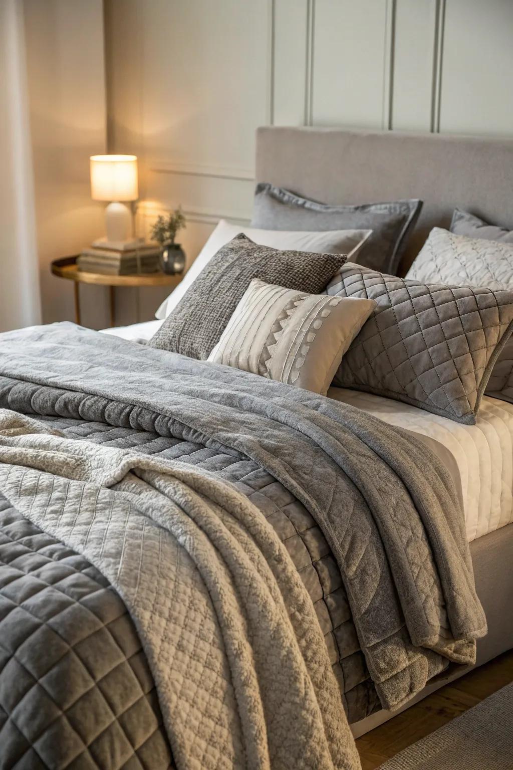 Layered grey bedding for a peaceful sleep space.