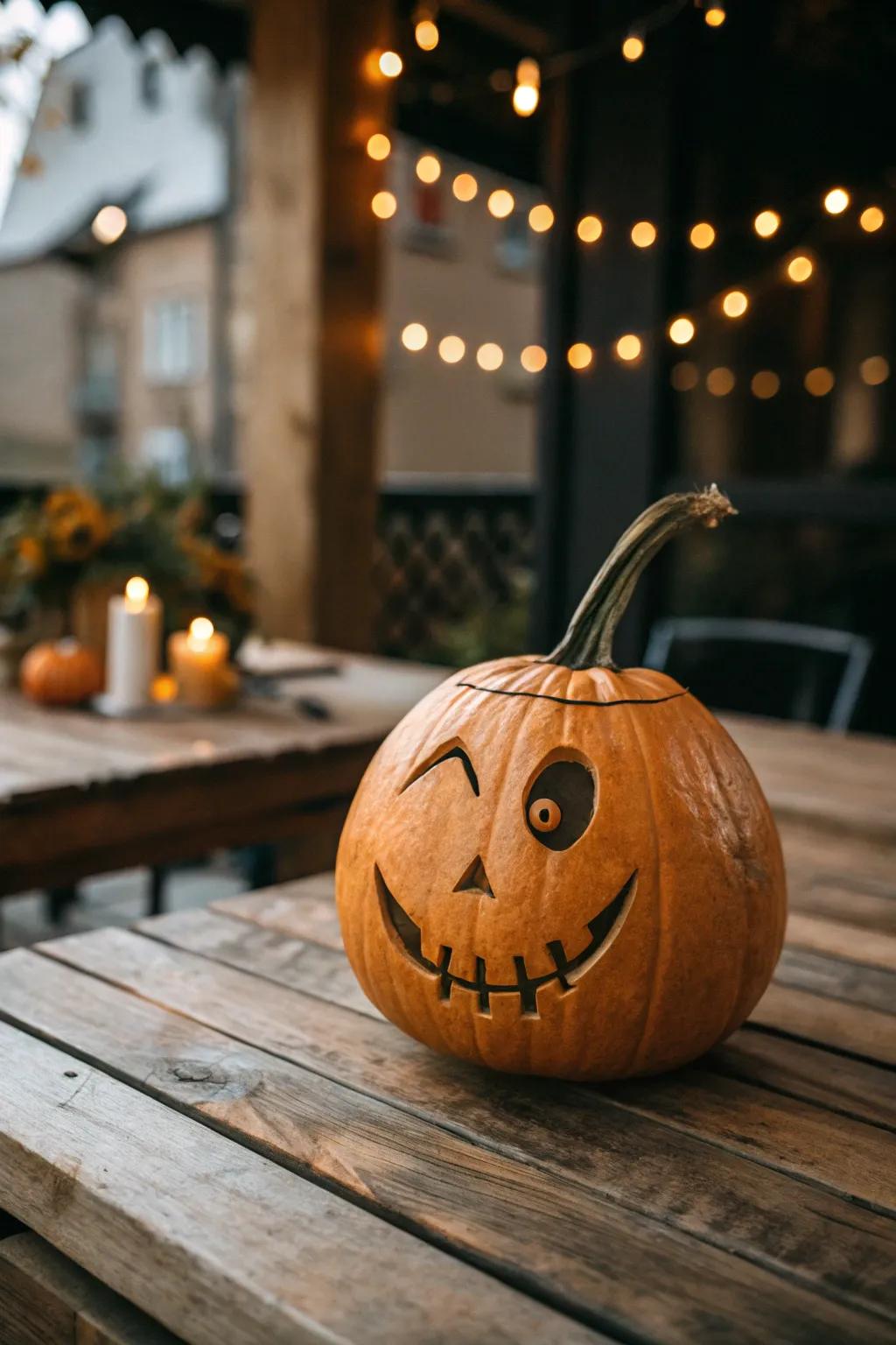 With a whimsically carved pumpkin that makes you grin, embrace the joyful spirit of Halloween!