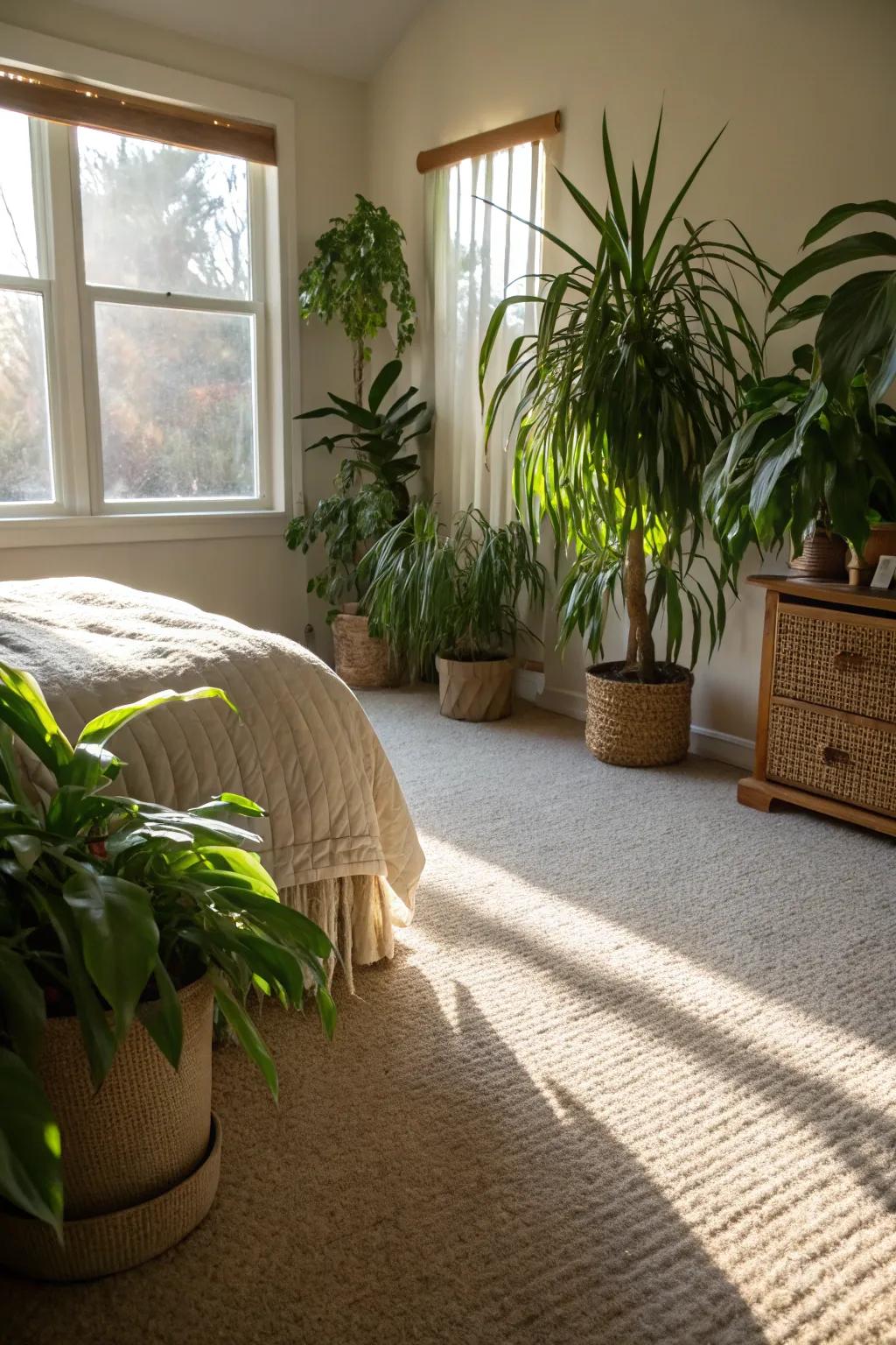 Greenery introduces a refreshing touch to this serene bedroom featuring a beige carpet.