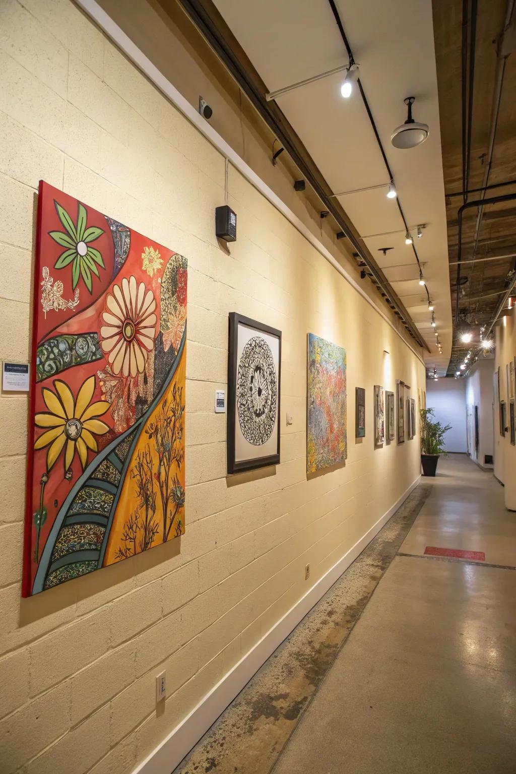 The artistic choices stand out against a beige backdrop, infusing character into the space.