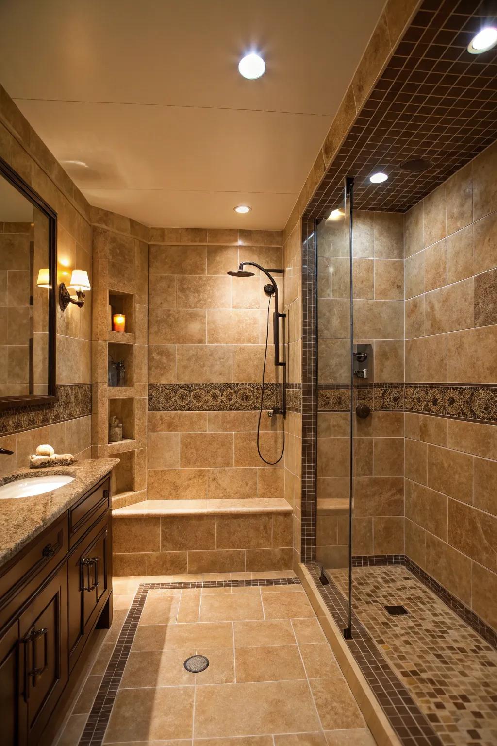 Darker beige tones add depth and drama to your shower.