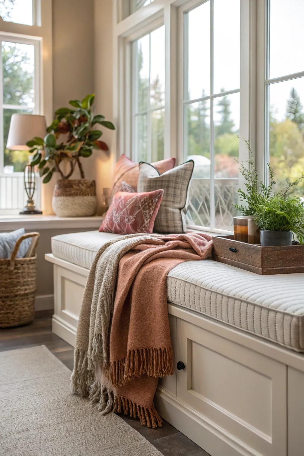 A throw textile placed over cushions adds warmth and texture to your bench.