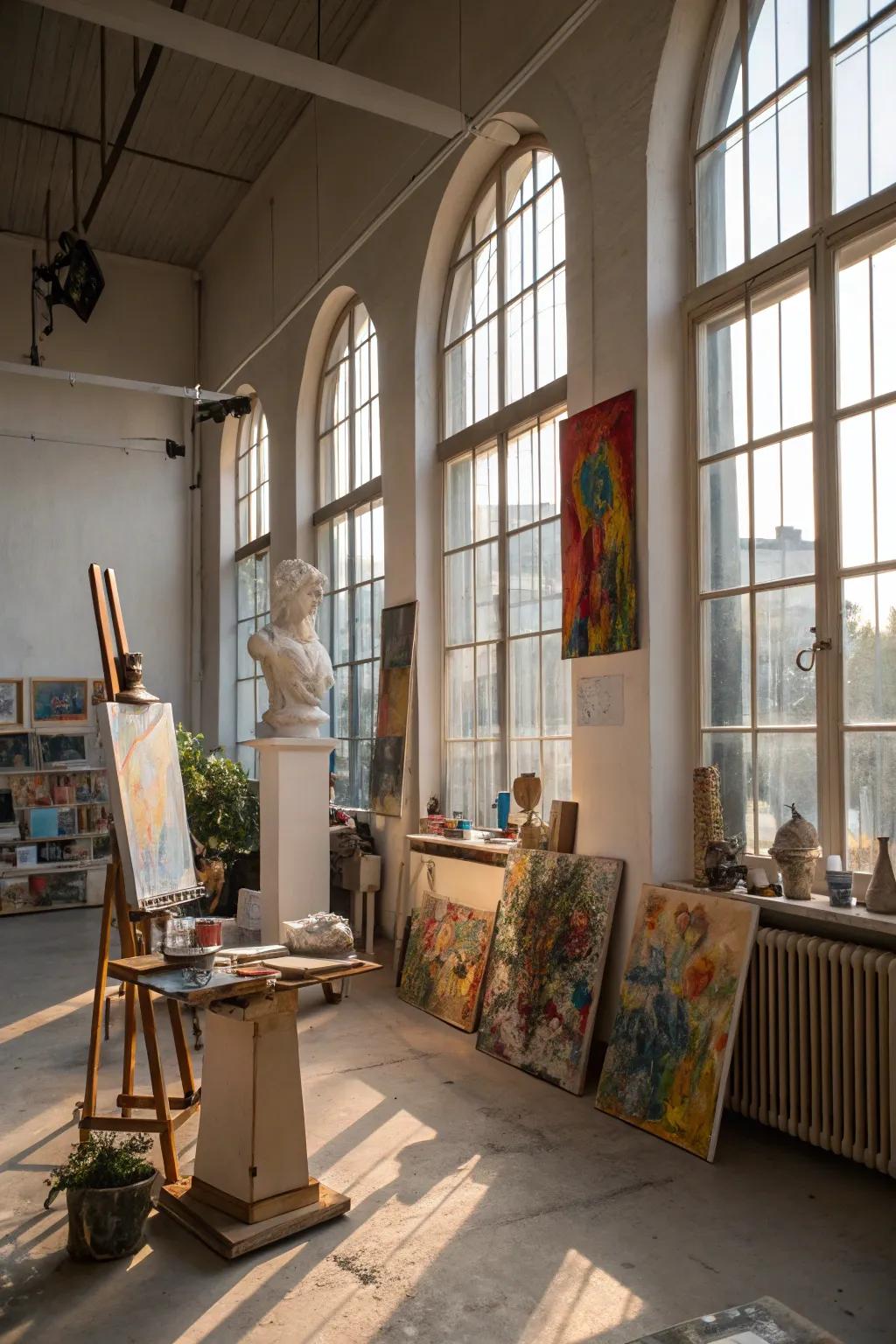 Natural light streaming through windows, enhancing artworks