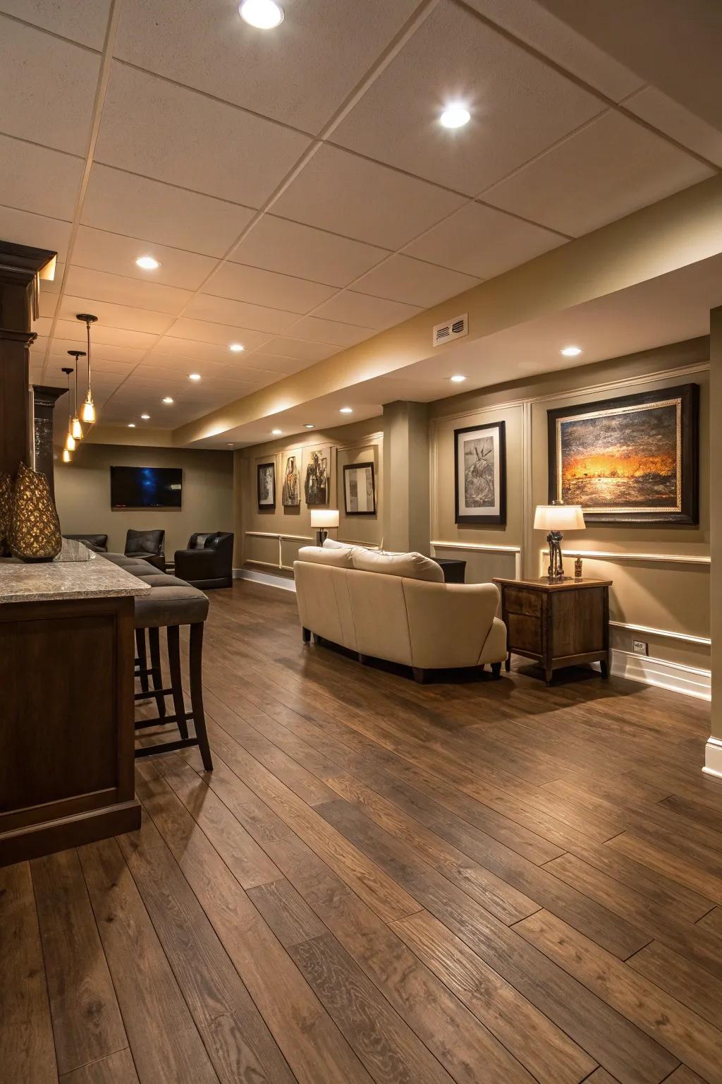 Composite wood infuses basement spaces with classic elegance.
