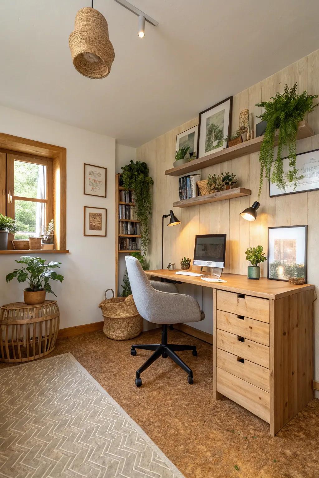 Bark flooring is a sustainable option with natural warmth.