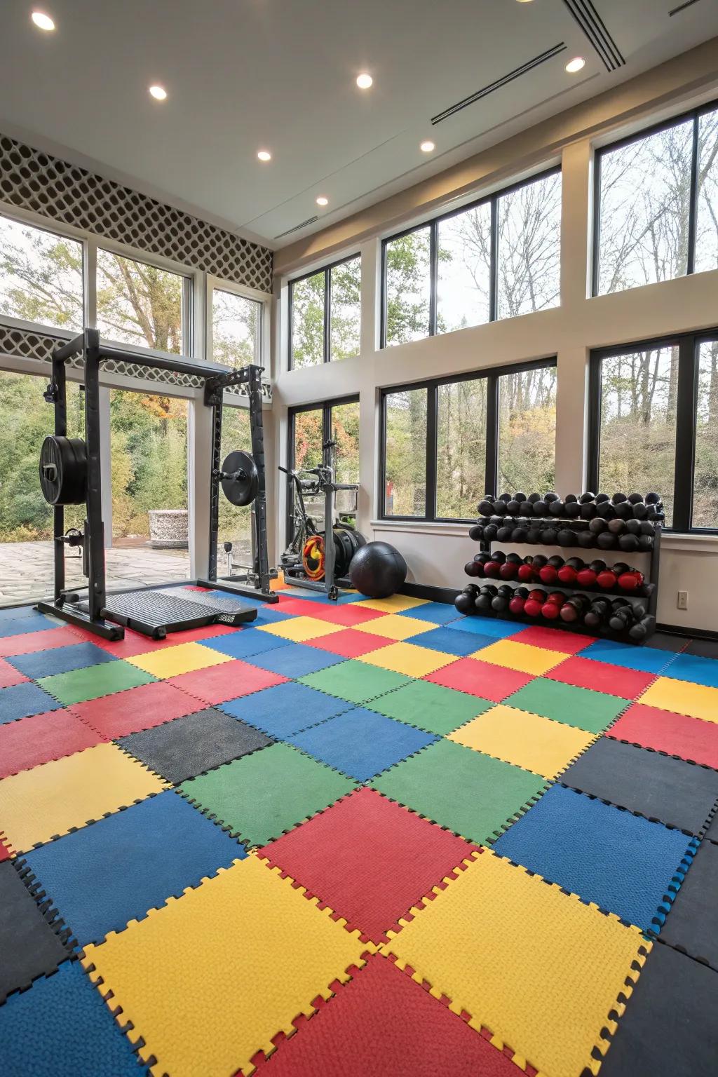 Decorated flooring enriches your fitness area’s style and effectiveness.