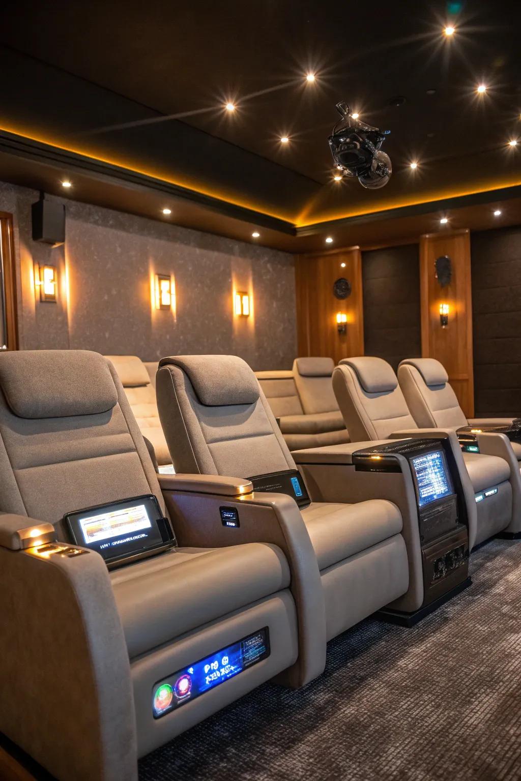 Innovative seating with integrated technology for the contemporary movie enthusiast.