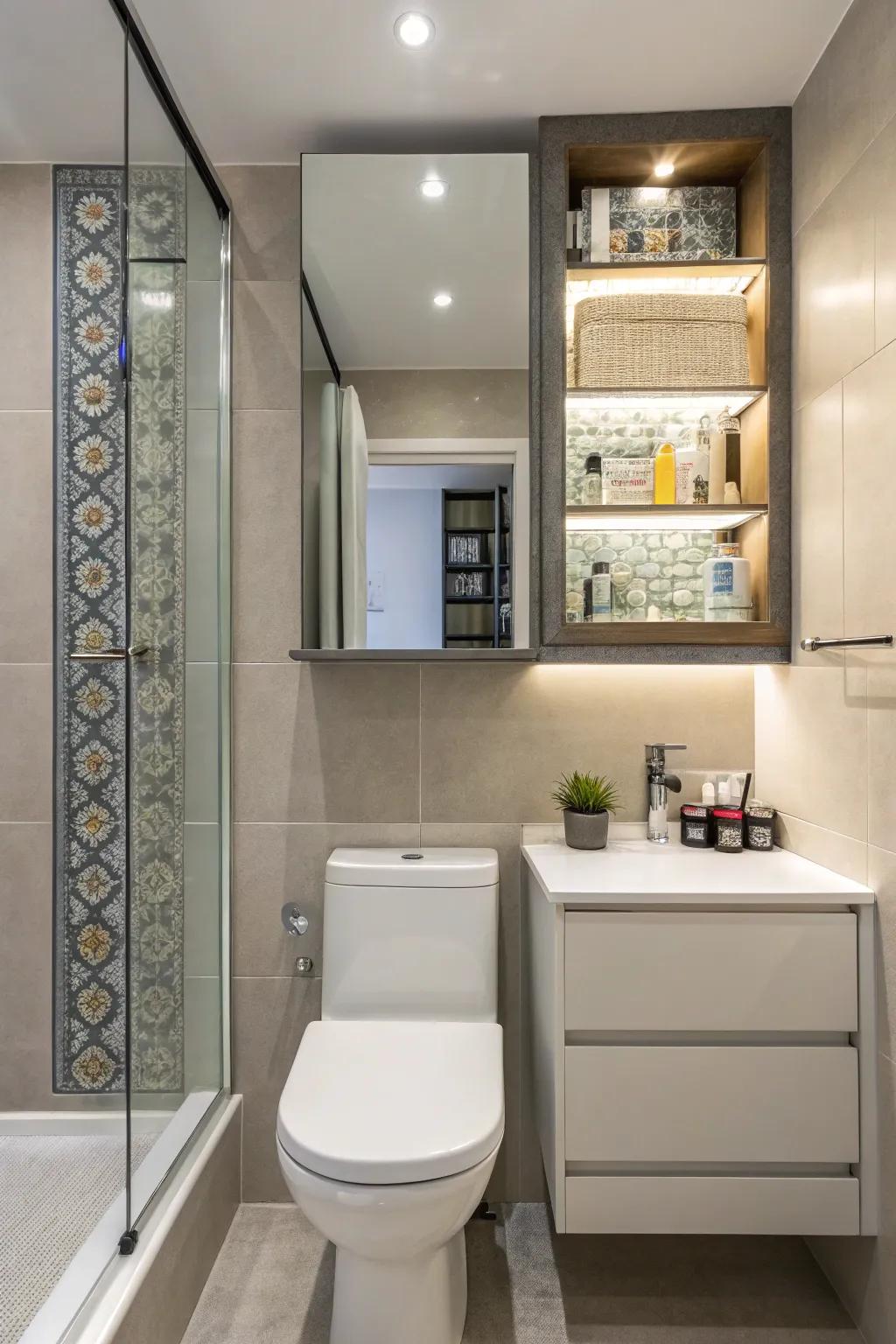 Mirrored cabinets offer keeping and amplify area.