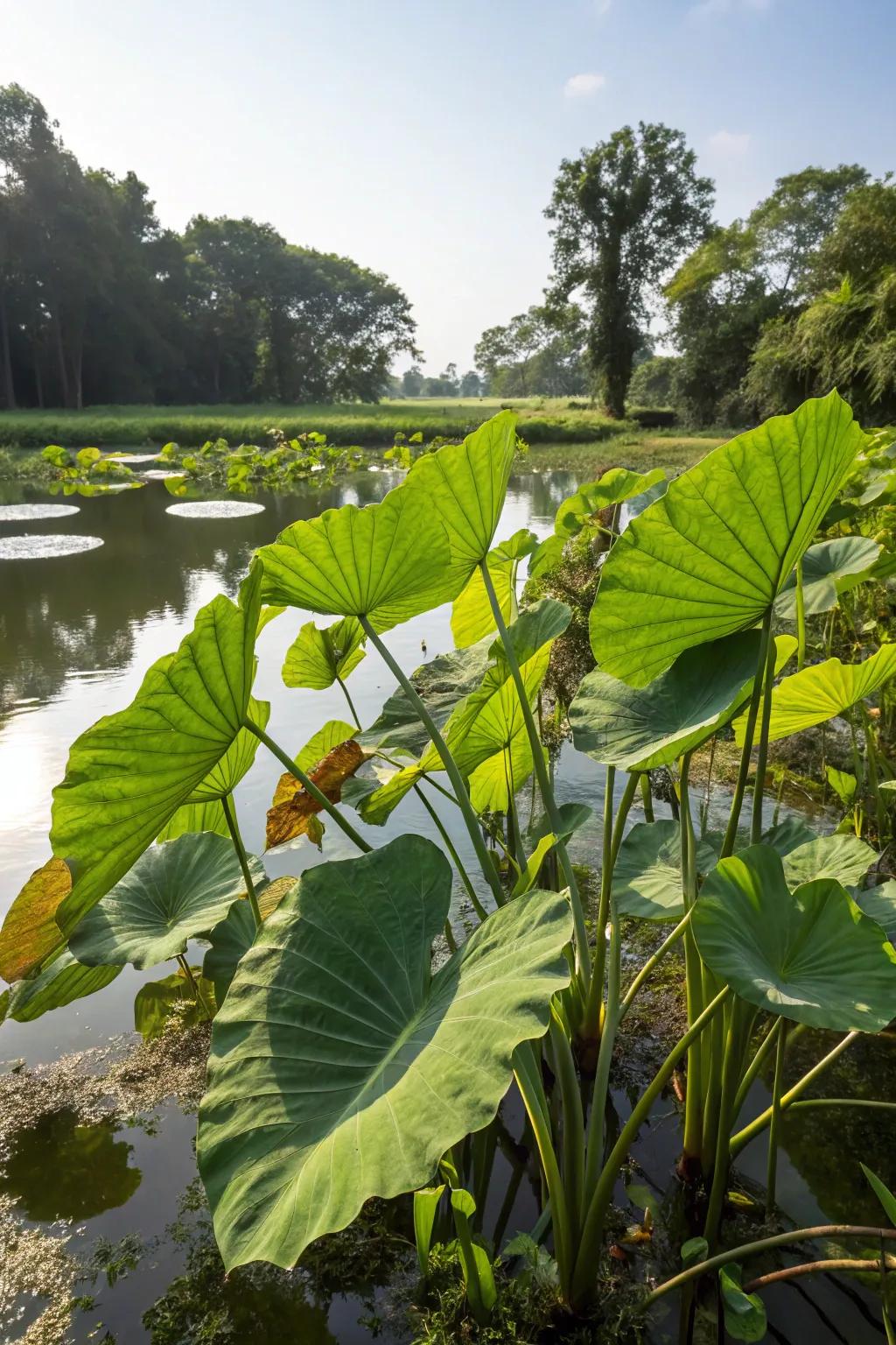 Elephant Ear plants impart a tropical ambiance to your aquatic garden.