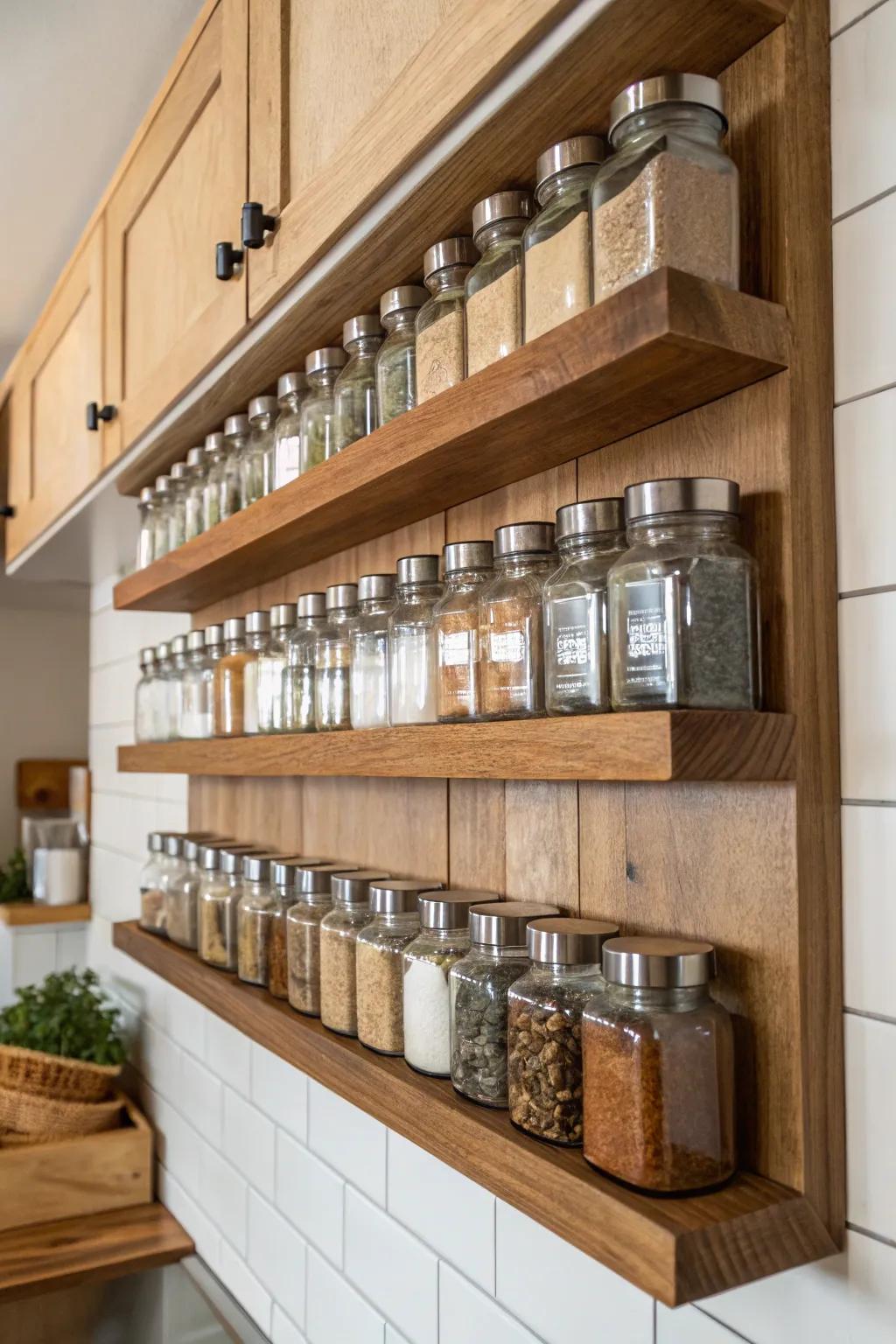 Spices become décor with wall-mounted shelves.